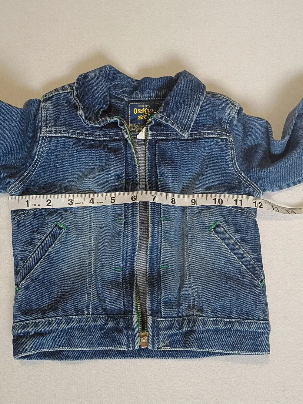 Vintage Y2K OshKosh Bgosh Zip Up Denim Jacket 4T Contrast Green Stitch Workwear